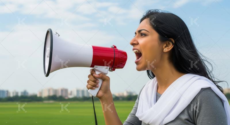 Young beautiful indian woman using megaphone