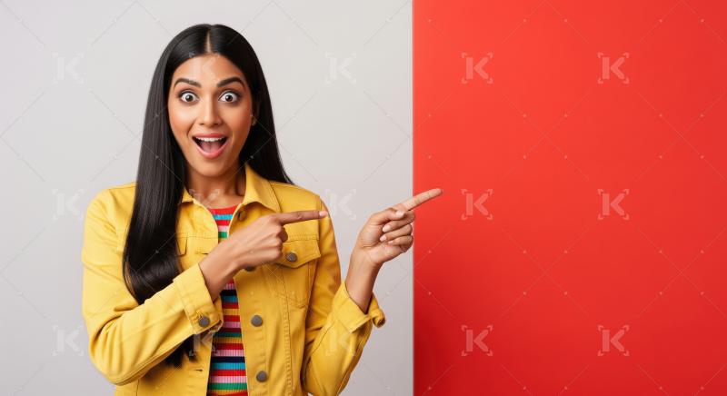 Cheerful young woman pointing with both hands to empty copy spac