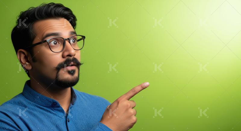 Young indian man pointing finger on empty space