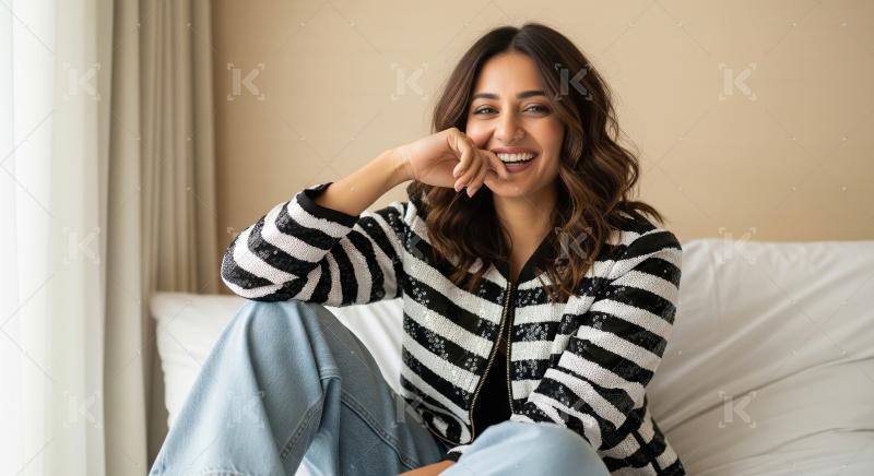 Happy Indian Woman in Sequins Smiling at Camera