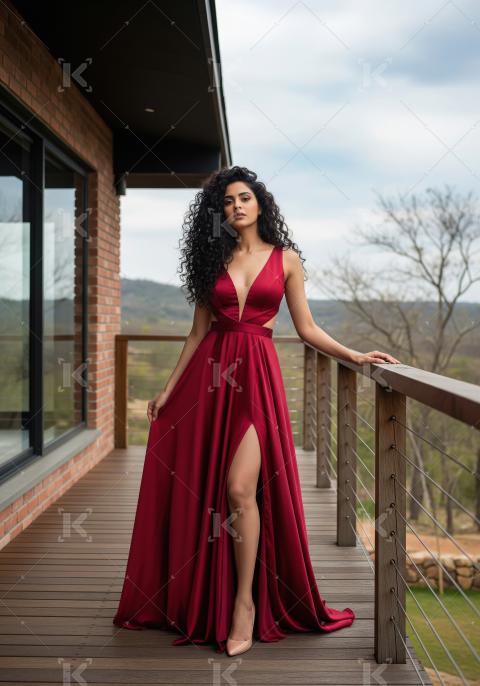 Elegant Woman in Red Gown on Balcony with Scenic View