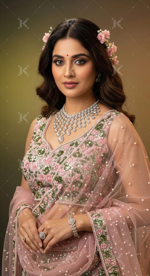 Beautiful Indian Woman in Pink Lehenga and Exquisite Diamond Jew