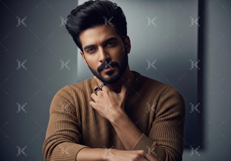 Handsome Young Man in Brown Sweater with Beard Portrait