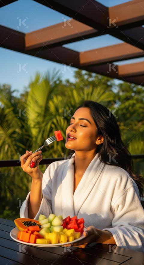Woman Savoring Fresh Tropical Fruits on Sunny Morning
