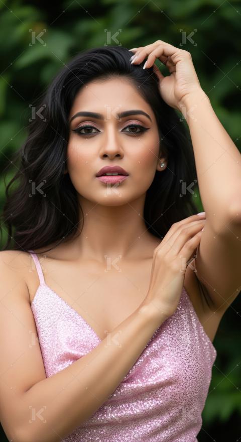 Glamorous Indian Woman Posing Elegantly in Pink Sequins Outdoors