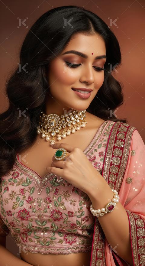 Beautiful Indian Woman in Traditional Attire and Gold Jewelry