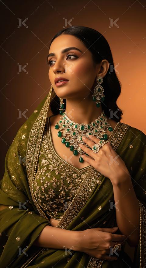 Elegant South Asian Woman Showcasing Exquisite Emerald Diamond J