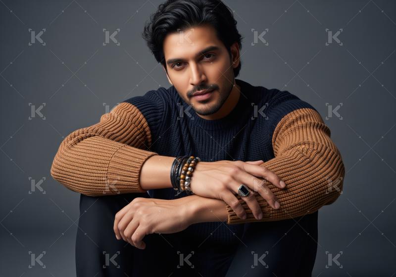 Stylish South Asian Man Posing Confidently in Sweater Studio