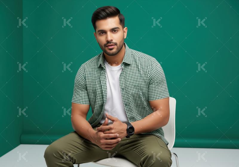 Young handsome man sitting in studio, looking confident.