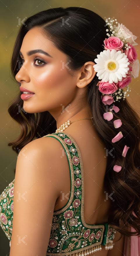 Indian Beauty with Floral Hair Adornment and Traditional Attire