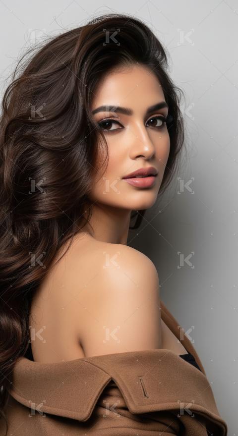 Elegant Woman with Wavy Hair and Bare Shoulder Posing Confidentl