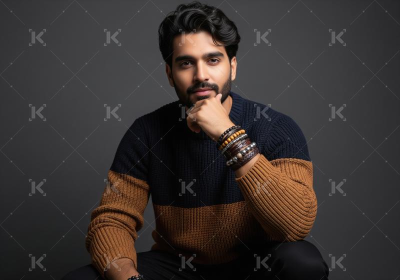 Handsome Thoughtful Man in Stylish Sweater on Grey Background
