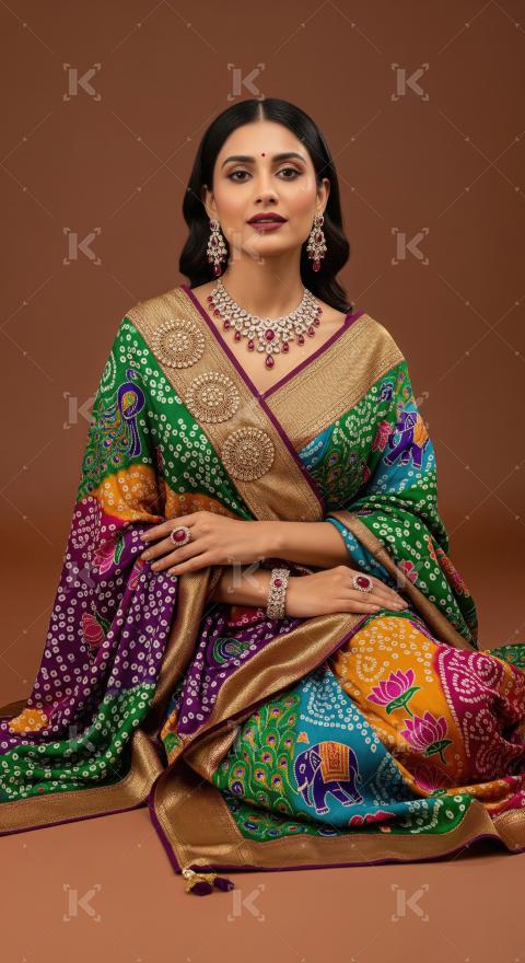 Elegant Indian Woman in Vibrant Bandhani Saree and Traditional J