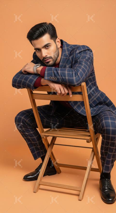 Stylish Man in Plaid Suit Posing Confidently on Chair
