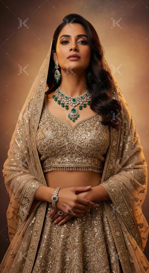 Elegant Indian Bride in Embellished Lehenga with Emerald Jewelry