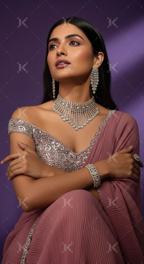 Elegant Indian Woman Adorned with Exquisite Diamond Jewelry Set