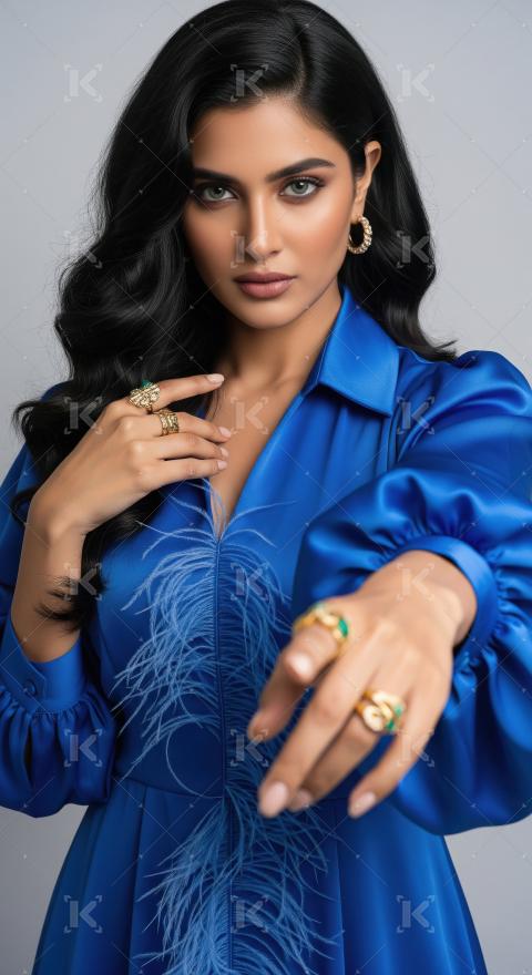 Elegant Woman in Blue Satin Dress with Luxurious Gold Jewelry