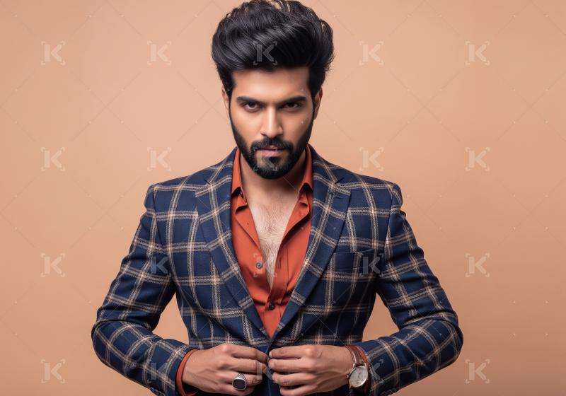 Elegant Man Buttoning Plaid Blazer, Confident Gaze