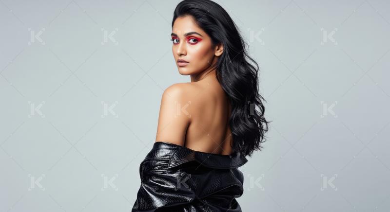 Beautiful Woman with Red Eyeshadow and Black Jacket Posing