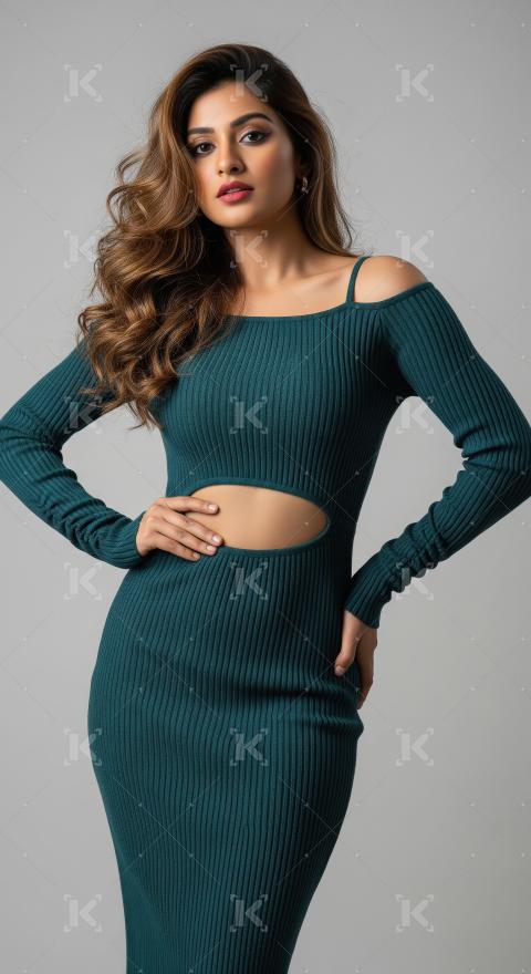 Elegant Woman in Trendy Teal Ribbed Cut-out Knit Dress