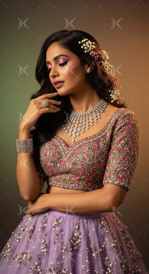Elegant Indian Woman in Embroidered Lehenga Choli and Diamond Je