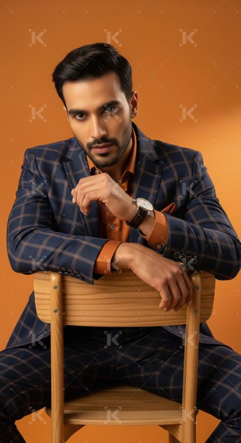 Stylish Man in Checkered Suit Sits Confidently