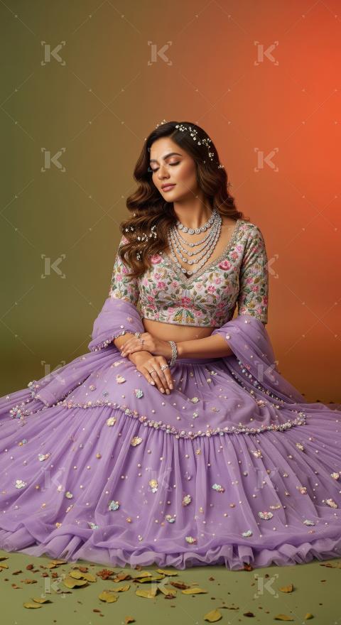 Beautiful Indian Woman in Traditional Purple Lehenga, Jewelry, S