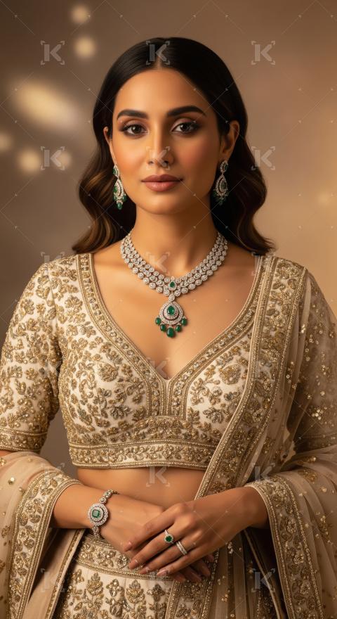 Elegant Indian Woman Adorned in Exquisite Diamond Emerald Jewelr