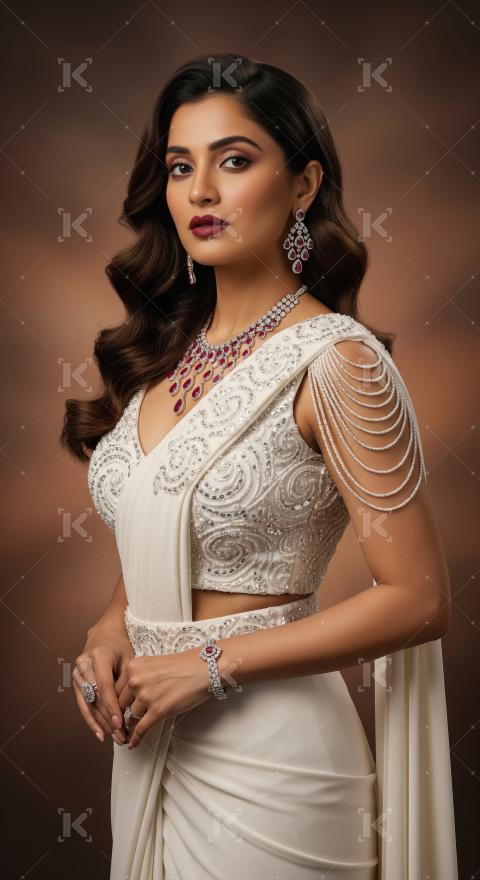 Elegant Indian Woman in Luxurious Saree and Ruby Diamond Jewelry