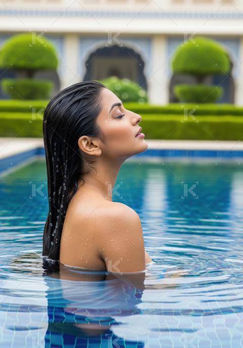 Serene woman relaxing in a beautiful resort swimming pool