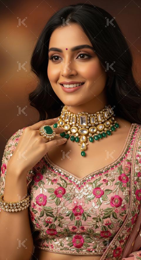 Smiling Indian Woman in Traditional Pink Outfit and Gold Jewelry