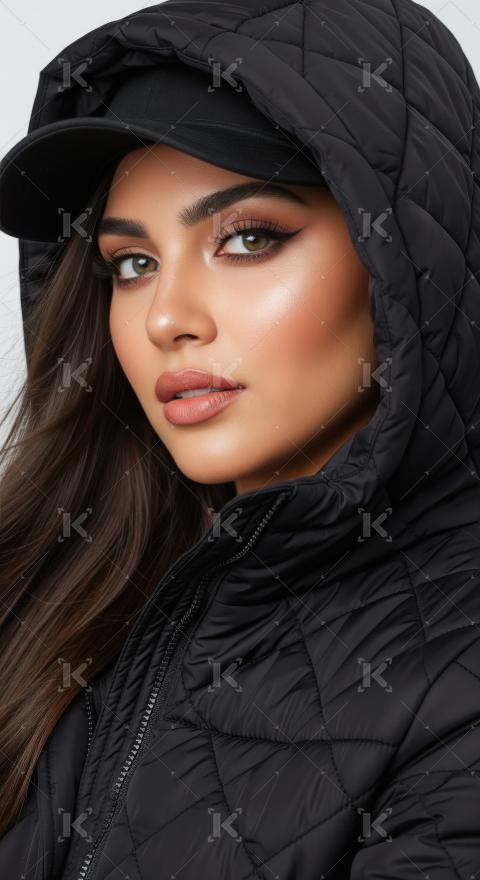 Stylish Woman Portrait in Black Quilted Jacket and Cap