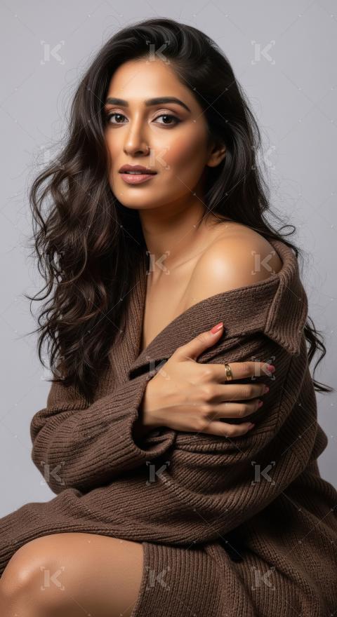 Glamorous Indian Woman in Brown Sweater Posing Elegantly
