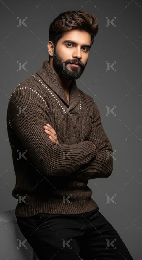 Stylish Man in Brown Knitted Sweater Posing Confidently