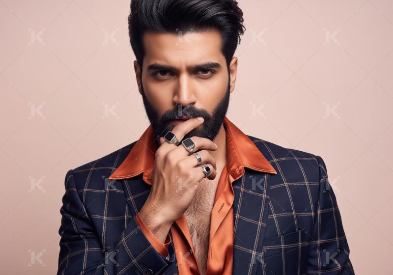 Confident, stylish man in plaid suit with orange shirt