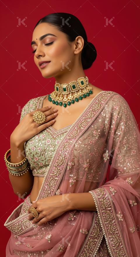 Elegant Indian Bride Adorned in Traditional Lehenga and Emerald