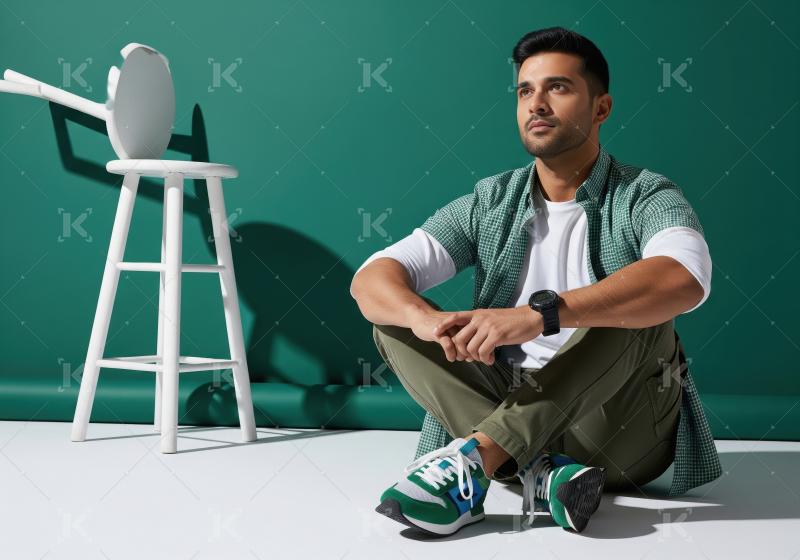 Young South Asian Man Reflecting in Stylish Studio