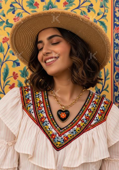Smiling woman wearing straw hat, colorful embroidered top, and h