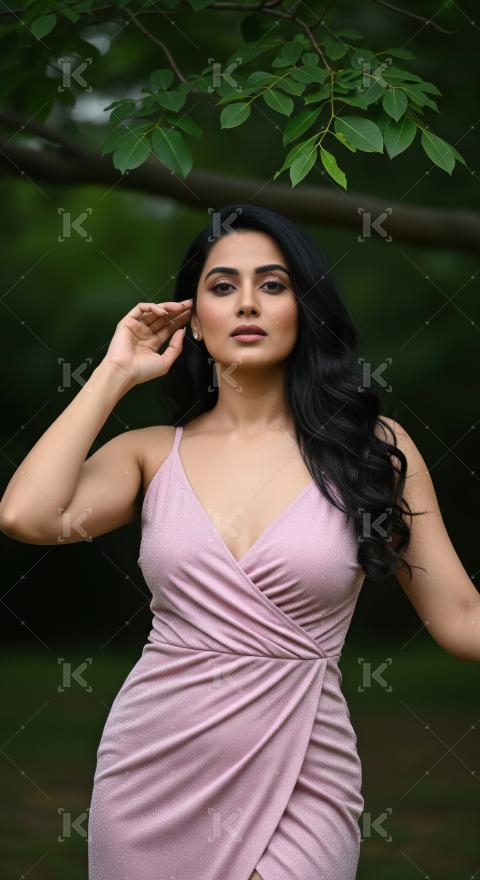 Elegant Woman in Pink Dress Posing Under Green Leaves