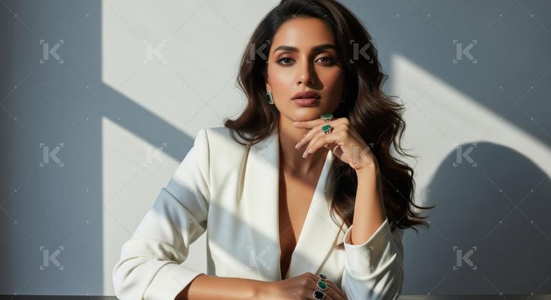 Confident Woman in White Blazer with Emerald Jewelry Portrait