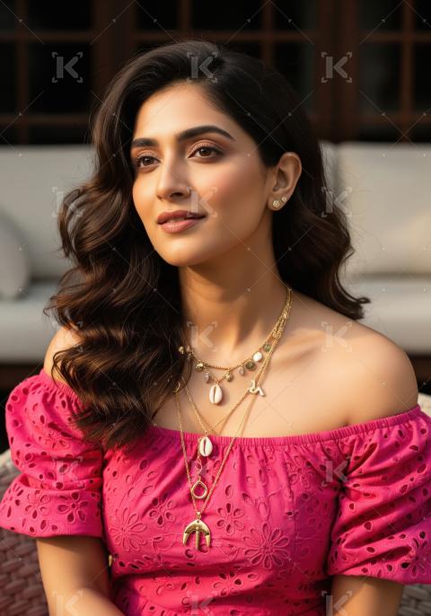 Elegant woman in pink top radiating warmth and style