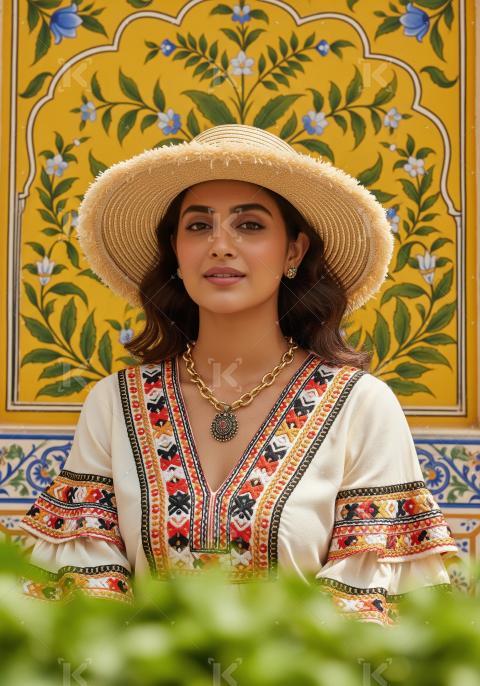 Elegant woman in straw hat and embroidered dress against traditi