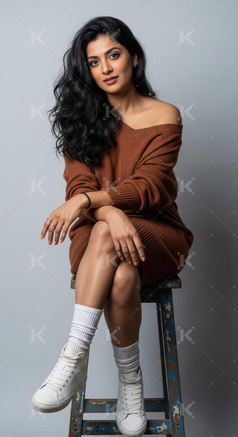 Beautiful Young Woman Posing Elegantly on Stool in Studio