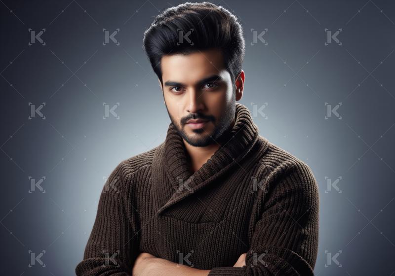 Confident Young Man in Brown Sweater Studio Portrait