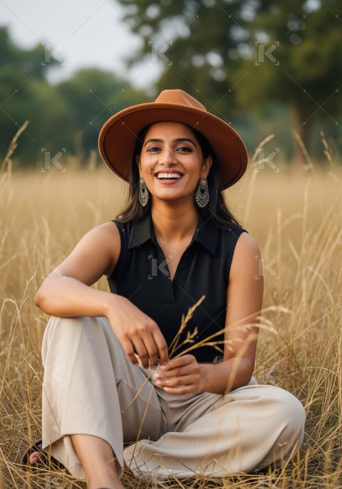 Joyful Indian Woman Smiling in Golden Grass Field