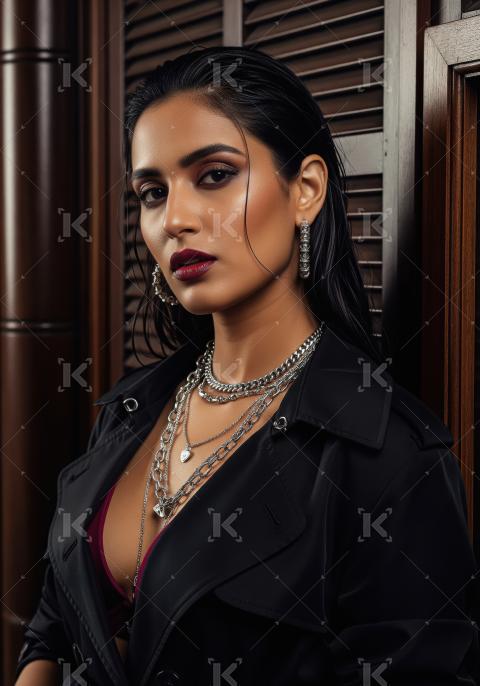 Chic Woman with Wet Hair, Dark Lips, and Statement Jewelry