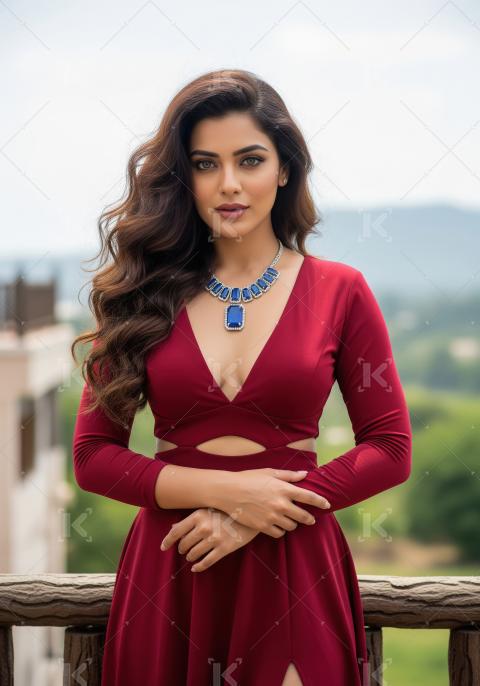 Elegant Woman in Red Dress with Blue Necklace Posing Outdoors