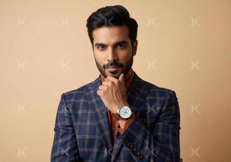Stylish Indian Man in Plaid Suit Posing Confidently