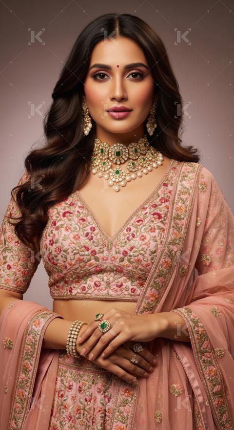 Beautiful Indian Woman in Traditional Pink Lehenga with Jewelry