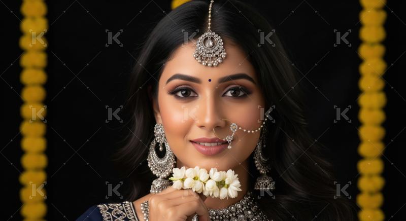 Traditional Indian Woman with Jasmine Flowers and Ethnic Jewelry